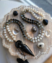 Load image into Gallery viewer, Goddess of the Moon - Moonstone, Labradorite, Onyx, Smoky Quartz, Eagle Eye 108 Mala Necklace - 24K Gold Overlay Obsidian Goddess
