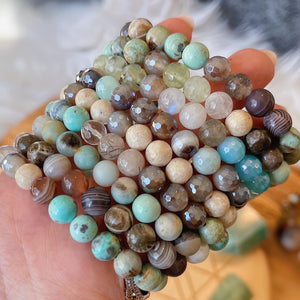 Peaceful Meadow - 8mm Prehnite, Rainbow Moonstone, Labradorite, Mystic Mocha Agate, Mystic Aqua Agate - Stretch Bracelet