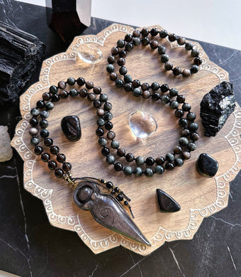 Goddess Protection - AAA Onyx, AAA Silver Obsidian, Smoky Quartz, AAA Eagle Eye 108 Mala Necklace - 24K Gold Overlay Silver Obsidian Goddess