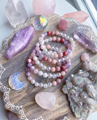 Awakening the Goddess - Thulite, Lavender Kunzite, Aura Rose Quartz, Pink Opal, Lavender Amethyst Stretch Mala Bracelet
