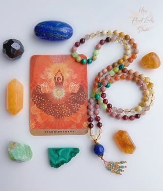 Bird of Paradise - Malachite + Hessonite Garnet + Yellow Opal + Citrine 108 Gemstone Mala Necklace - Lapis Lazuli Guru + Apatite Tassel