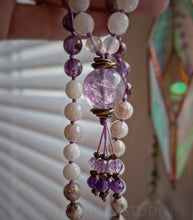 Load image into Gallery viewer, Heart of Joy - Kunzite, Aura Amethyst, Mystic Silverite, Phantom Amethyst, Moonstone, Rose Quartz 108 Mala Bead Necklace + Lavender Amethyst Guru - Fluorite + Amethyst Beaded Tassel