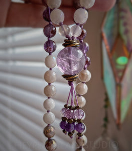 Heart of Joy - Kunzite, Aura Amethyst, Mystic Silverite, Phantom Amethyst, Moonstone, Rose Quartz 108 Mala Bead Necklace + Lavender Amethyst Guru - Fluorite + Amethyst Beaded Tassel