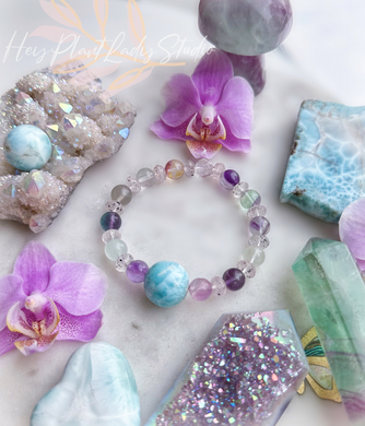 Mindful Mermaid - 16mm Larimar + Rainbow Fluorite + Phantom Quartz + Faceted Clear Quartz Stretch Mala Bracelet