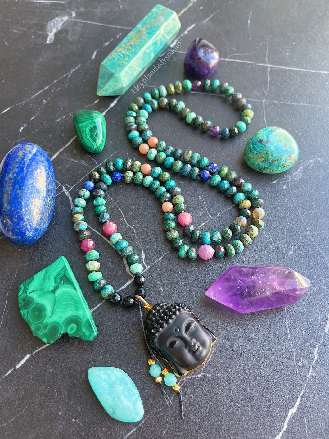 Higher Self - Azurite + Rubies + Lapis Lazuli + Labradorite + Moonstone + Amethyst - Obsidian Buddha - 24k Gold Overlay - 31” Necklace