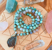 Load image into Gallery viewer, PRE-ORDER - Love + Happiness Necklace - 108 - Robins Egg Agate, Natural Citrine, AAA Sunstone, Blue Chalcedony, Rose Quartz, Rainbow Moonstone