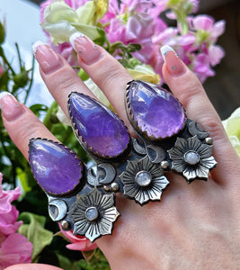 YOU PICK - Amethyst Teardrop + Rainbow Moonstone Moonflower Rings - Adjustable Sizes 5-15