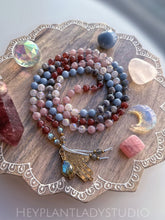 Load image into Gallery viewer, Angelic Healing - Angelite, Iolite, Aura Rose Quartz, Rose Quartz, Strawberry Quartz, Labradorite 108 Mala Bead Necklace - 24k Gold Overlay Hamsa + 24K Labradorite Bezel