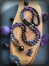 Load image into Gallery viewer, Third Eye Vision - AAA Iolite, AAA Smoky Quartz , Charoite, and AAA Tourmalinated Quartz 8mm 108 Mala Necklace