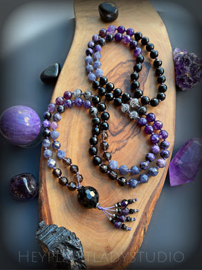 Third Eye Vision - AAA Iolite, AAA Smoky Quartz , Charoite, and AAA Tourmalinated Quartz 8mm 108 Mala Necklace