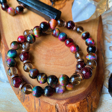 Autumn Enchantment Bracelet - Rainbow Tigers Eye + Garnet + Smoky Quartz