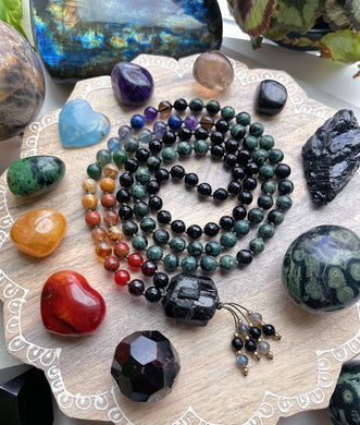 Grounding - Black Tourmaline + Chakra Gemstone 108 Mala Bead Necklace