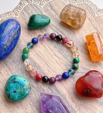 Gem Collector - AAA Citrine, AAA Amethyst, Faceted Ruby, Faceted Ruby Zoisite, AAA Golden Rutilated Quartz, Malachite, AAA Fluorite, AAA Lapis Lazuli, and Red Rutile Phantom Quartz Stretch Mala Bracelet