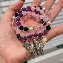 Load image into Gallery viewer, RESERVED - Butterfly Mala, mother of Pearl, black tourmaline, rose quartz, freshwater Pearl, and amethyst