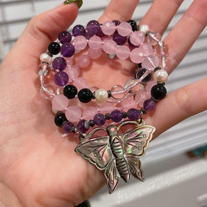 RESERVED - Butterfly Mala, mother of Pearl, black tourmaline, rose quartz, freshwater Pearl, and amethyst