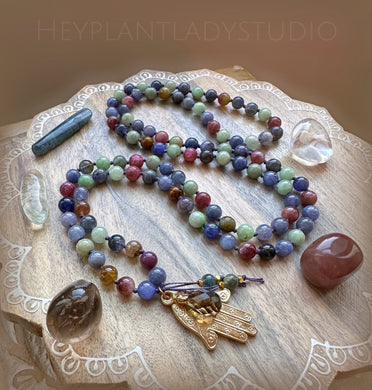 Integration of Heart & Mind - Tanzanite, Sapphire, Ruby, Iolite 108 Mala Bead Necklace - 24k Gold Overlay Hamsa + 24K Gold Smoky Quartz Briolette + Kyanite Accents