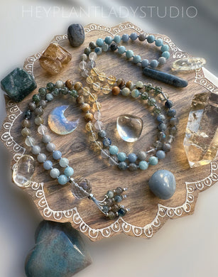 Wish Upon a Star - Aquamarine, Kyanite, Fluorite, Angelite, Citrine, Phantom Quartz, Aquatine Calcite, Labradorite 8mm 108 Mala Necklace