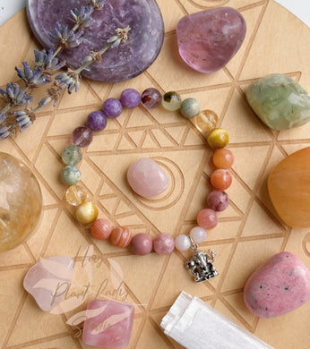 Sunset Skies - 925 Sterling Ganesha - Sunset Gemstone Stretch Mala Bracelet