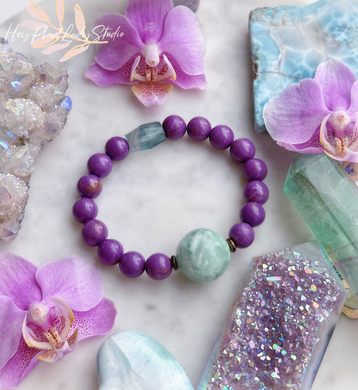 Healing and Hope - 18mm Green Moonstone(Pectolite) + 9mm Phosphosiderite + Fluorite Stretch Mala Bracelet