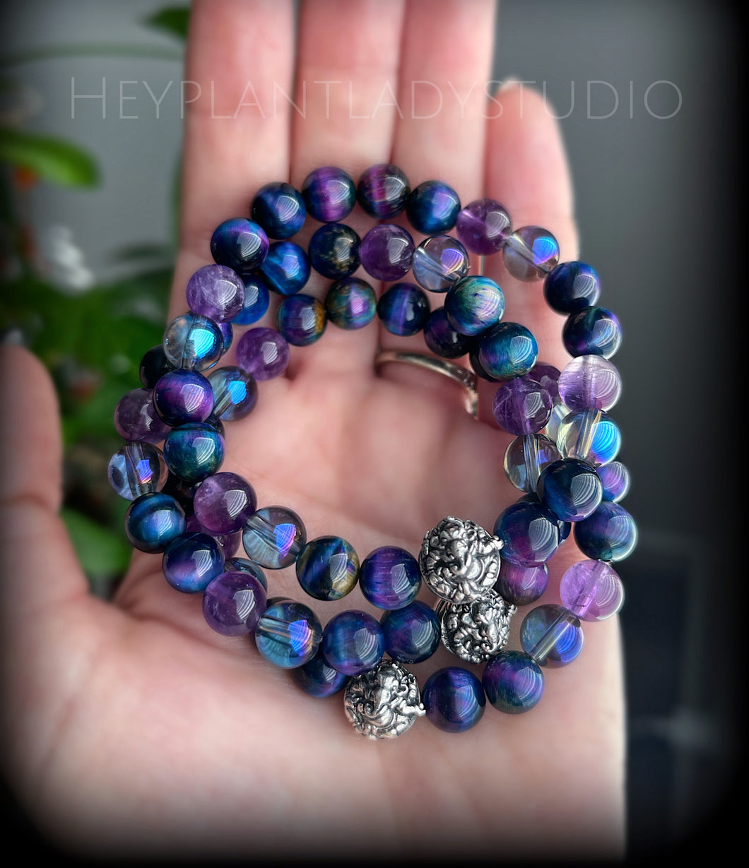 925 Silver Ganesha + Galaxy of Stars Stretch Mala Bracelet