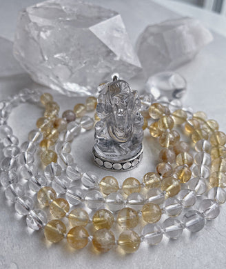 Ganesha - Clear Quartz 925 Sterling Silver Ganesha Carving + Clear Quartz + Citrine + Golden Rutile Quartz 108 Mala Bead Necklace
