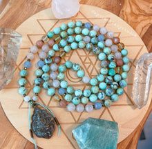 Load image into Gallery viewer, PRE-ORDER - Love + Happiness Necklace - 108 - Robins Egg Agate, Natural Citrine, AAA Sunstone, Blue Chalcedony, Rose Quartz, Rainbow Moonstone