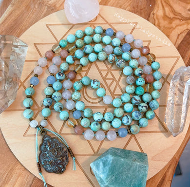 PRE-ORDER - Love + Happiness Necklace - 108 - Robins Egg Agate, Natural Citrine, AAA Sunstone, Blue Chalcedony, Rose Quartz, Rainbow Moonstone