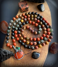 Load image into Gallery viewer, Artisan Wire Wrapped Red Jasper Pumpkin + Malachite Leaves &amp; 8mm Bloodstone, Moroccan Seam Agate, Onyx, Red Jasper, and Tibetan Striped Agate 108 Mala Bead Necklace, Collaboration with Cracked Halo Design