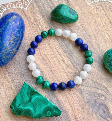 Peace on Earth - AAA Malachite, AAA Lapis Lazuli, and Rainbow Moonstone Stretch Mala Bracelet