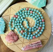 Load image into Gallery viewer, RESERVED Mala Necklace  - 108 - AAA Rhodochrosite, Amazonite, Gold Vermeil