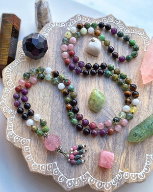 Soul Blossom - Prehnite, Thulite, Ruby Fuchsite, Rainbow Moonstone, Garnet, Ruby Zoisite, Rose Quartz, Tigers Eye  108 Mala Necklace + Carved Rose Quartz Guru