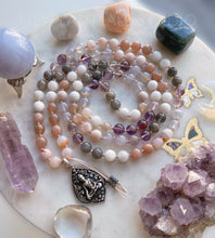 Load image into Gallery viewer, Dance of the Sun and Moon -  Peach Moonstone, Rainbow Moonstone, Labradorite, Flower Agate, Blue Chalcedony, Phantom Amethyst 108 Mala Necklace + 925 Sterling Silver Buddha