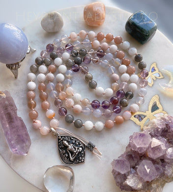 Dance of the Sun and Moon -  Peach Moonstone, Rainbow Moonstone, Labradorite, Flower Agate, Blue Chalcedony, Phantom Amethyst 108 Mala Necklace + 925 Sterling Silver Buddha