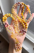 Load image into Gallery viewer, Solar Plexus - 108 Gemstone Mala Necklace - Yellow Opal Guru + Pink Opal + Yellow Apatite + Moonstone Tassel
