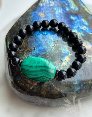 Protection + Strength - 29mm Malachite + 925 Sterling Silver OM Spacer Stretch Mala Bracelet