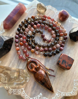 Empowered Goddess - Pink Tourmaline, Smoky Quartz, Strawberry Quartz, Hematoid Quartz 108 Mala Necklace - 24K Gold Overlay Mahogany Obsidian Goddess