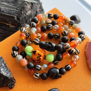 Pumpkin King - Tibetan Agate, AAA Carnelian, AAA Sunstone, Green Garnet, Matte Onyx, Green Aura Quartz, Stretch Mala Bracelet