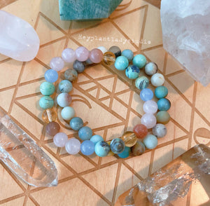 Love + Happiness - 8mm Citrine, Sunstone, Blue Chalcedony, Rose Quartz Robins Egg Agate - Stretch Bracelet