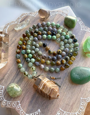 Peaceful Serenity - Prehnite, Chrysocolla, Green Garnet, Grossular Garnet, Green Banded Agate, Bamboo Leaf Agate 108 Mala Necklace - Tibetan Style Apatite Point