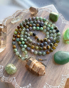 Peaceful Serenity - Prehnite, Chrysocolla, Green Garnet, Grossular Garnet, Green Banded Agate, Bamboo Leaf Agate 108 Mala Necklace - Tibetan Style Apatite Point