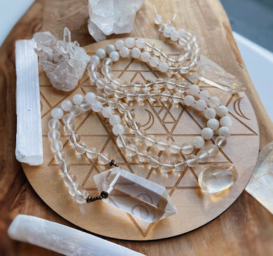 Reserved - Radiant Light - Clear Quartz + Agate + Rainbow Moonstone Mala Necklace