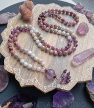 Load image into Gallery viewer, Heart of Joy - Kunzite, Aura Amethyst, Mystic Silverite, Phantom Amethyst, Moonstone, Rose Quartz 108 Mala Bead Necklace + Lavender Amethyst Guru - Fluorite + Amethyst Beaded Tassel