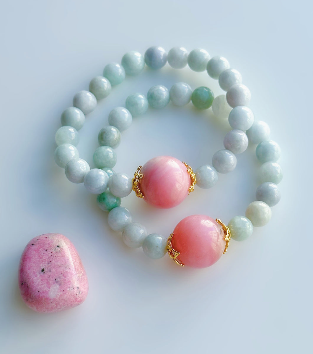 Growth - 24k Gold Vermeil + Pink Opal + Natural Jade Stretch Mala Bracelet