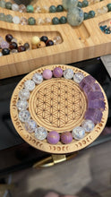 Load image into Gallery viewer, Reserved - Amethyst Bracelet &amp; Tridacna Shell Flower Carving + 10mm Green Apple Turquoise Gemstone Stretch Mala Bracelet