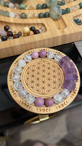 Reserved - Amethyst Bracelet & Tridacna Shell Flower Carving + 10mm Green Apple Turquoise Gemstone Stretch Mala Bracelet