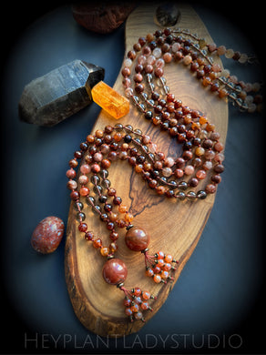 Soul on Fire - Faceted Hessonite Garnet + Red Hematoid Quartz + Smoky Quartz 108 Mala Bead Necklace - Carnelian Guru - Mystic Carnelian Beaded Tassel
