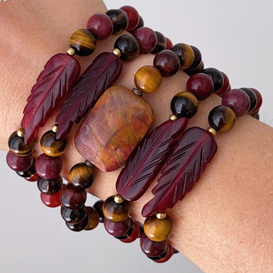Painted Forest Bracelet - Red Horn Leaf Carving, Tigers Eye, Mookaite Jasper, Red Carnelian, Wood, Smoky Quartz