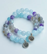 Load image into Gallery viewer, Peaceful Lotus - Aquamarine + Dream Amethyst + Labradorite + Karen Hill Tribe Silver Lotus Stretch Mala Bracelet