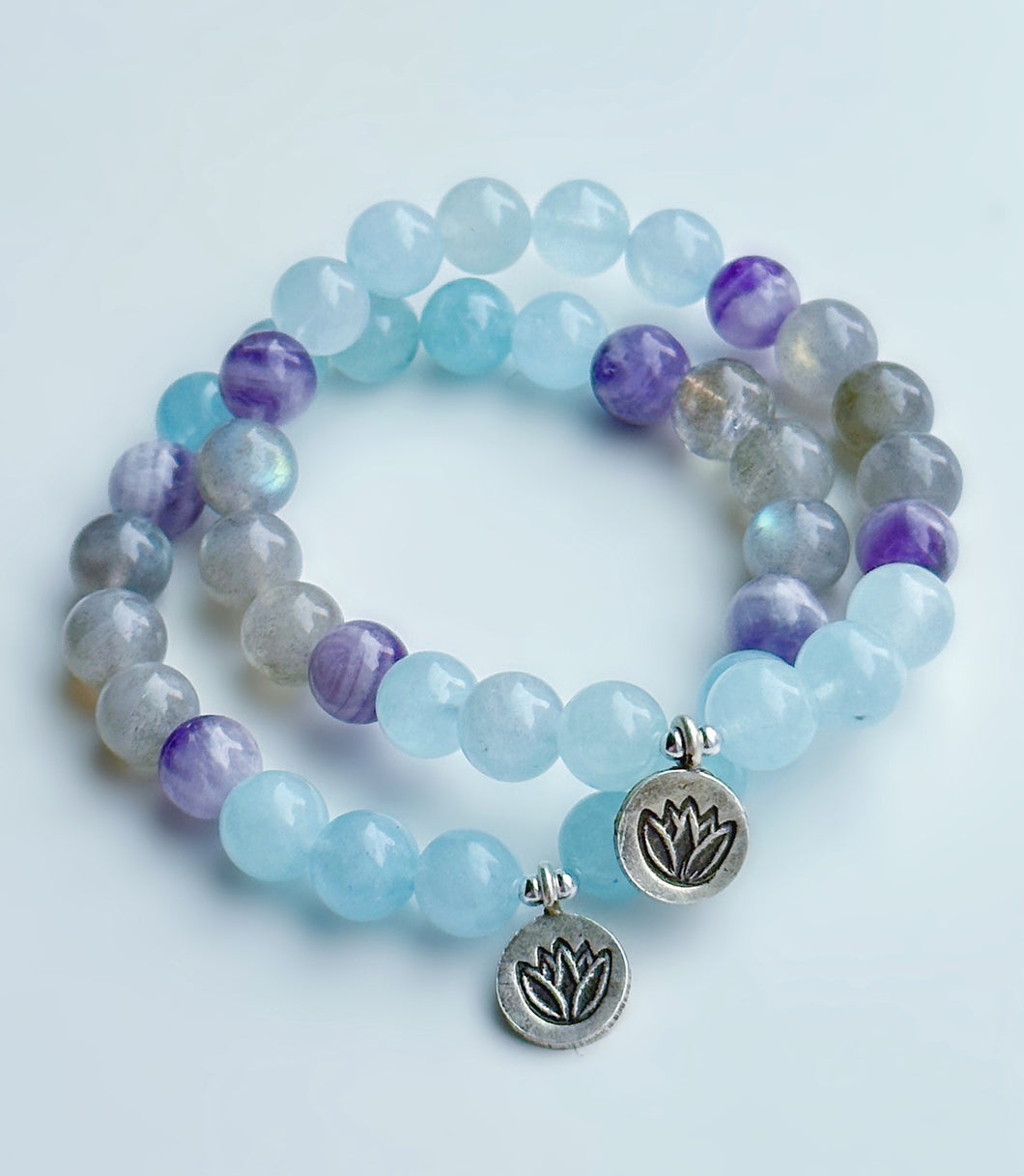 Peaceful Lotus - Aquamarine + Dream Amethyst + Labradorite + Karen Hill Tribe Silver Lotus Stretch Mala Bracelet