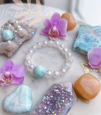 Ocean Goddess - 17mm Larimar + 10mm Aura Crackle Quartz Stretch Mala Bracelet